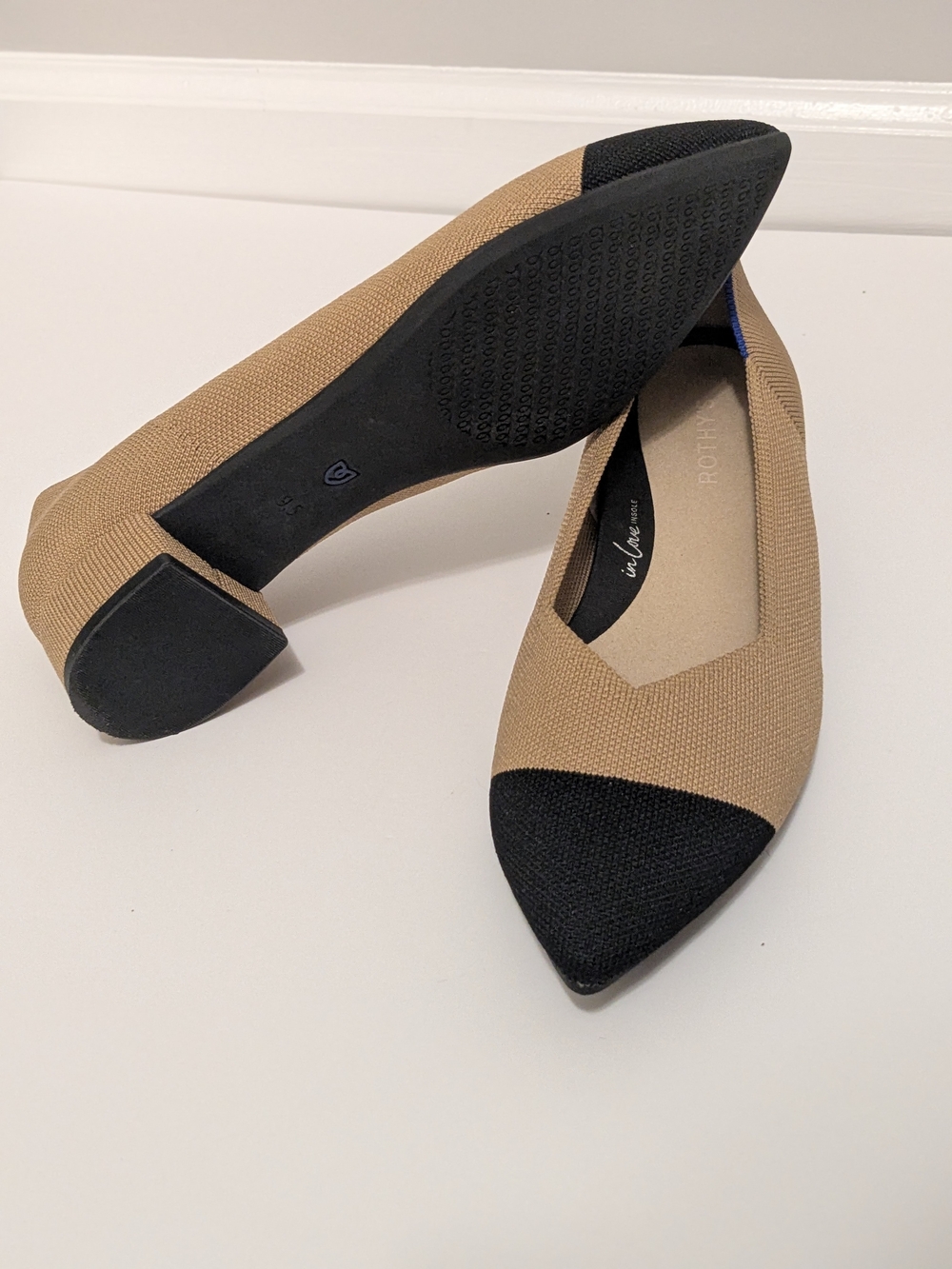 Rothy's Tan Flats with Black Pointed Cap and Blue Trim - Picture 3 of 4